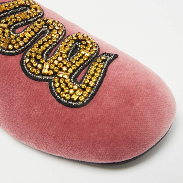 Pre Owned Gucci Lawrence Size 36.5 Pink Velvet Crystal Embellished Flat Mules