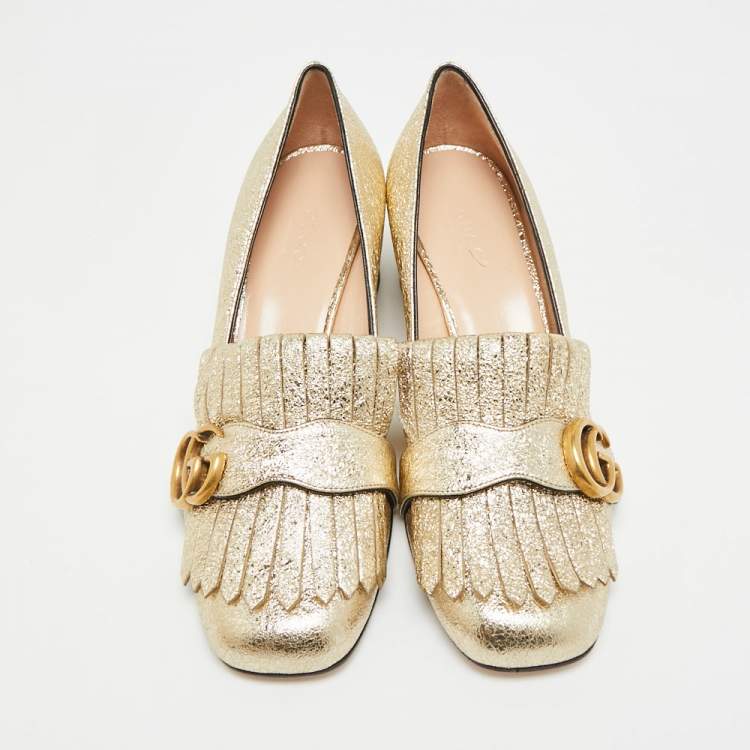 Pre Owned Gucci GG Marmont Size 37 Gold Foil Leather Fringe Block Heel Pumps