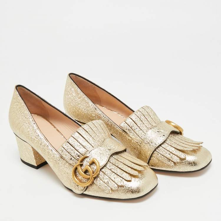 Pre Owned Gucci GG Marmont Size 37 Gold Foil Leather Fringe Block Heel Pumps