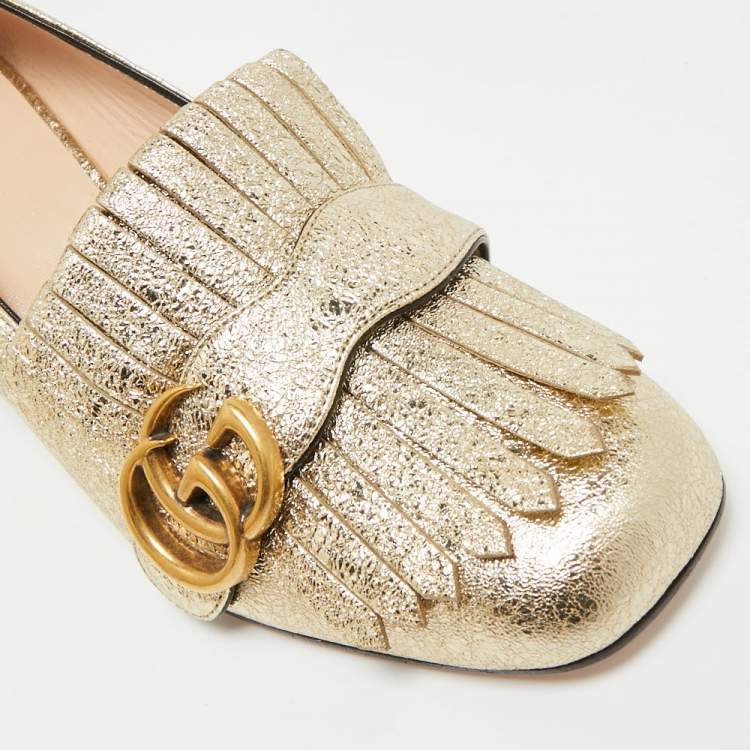 Pre Owned Gucci GG Marmont Size 37 Gold Foil Leather Fringe Block Heel Pumps
