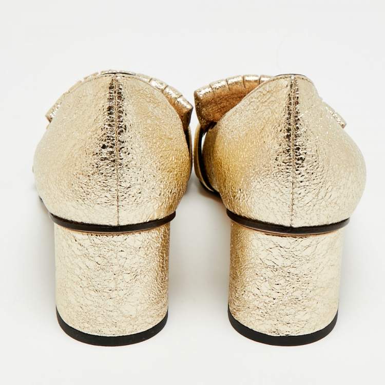 Pre Owned Gucci GG Marmont Size 37 Gold Foil Leather Fringe Block Heel Pumps