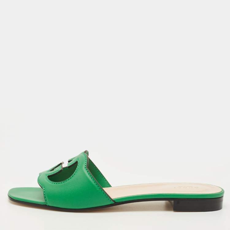 Pre Owned Gucci Interlocking G Size 41.5 Green Leather Flat Slides