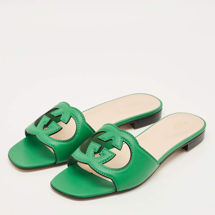 Pre Owned Gucci Interlocking G Size 41.5 Green Leather Flat Slides