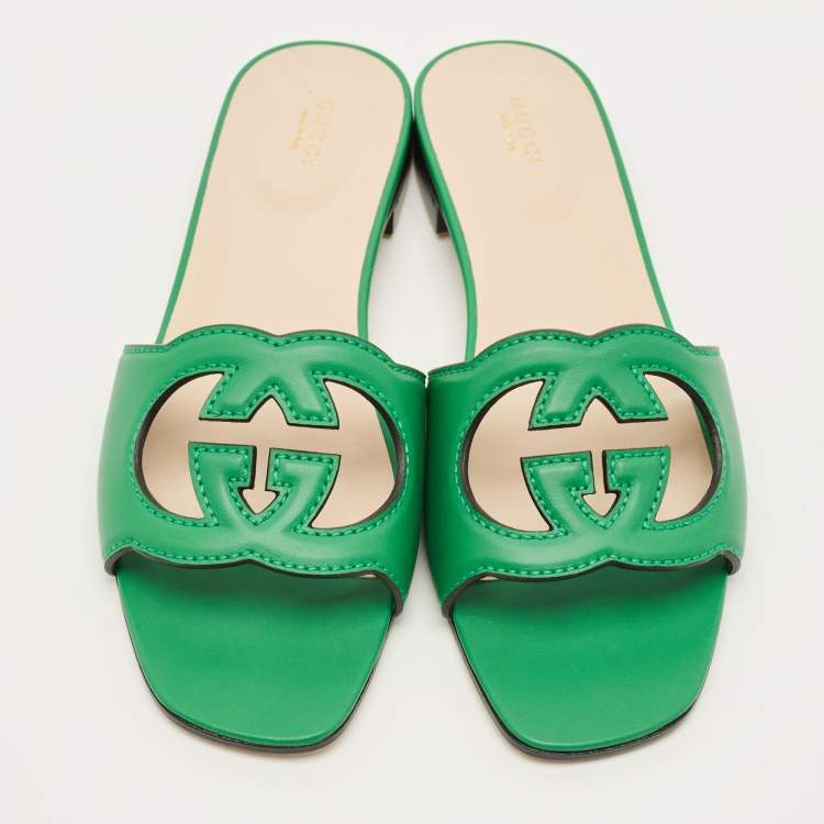 Pre Owned Gucci Interlocking G Size 41.5 Green Leather Flat Slides