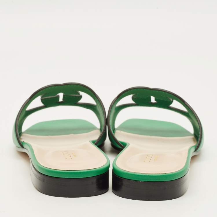 Pre Owned Gucci Interlocking G Size 41.5 Green Leather Flat Slides
