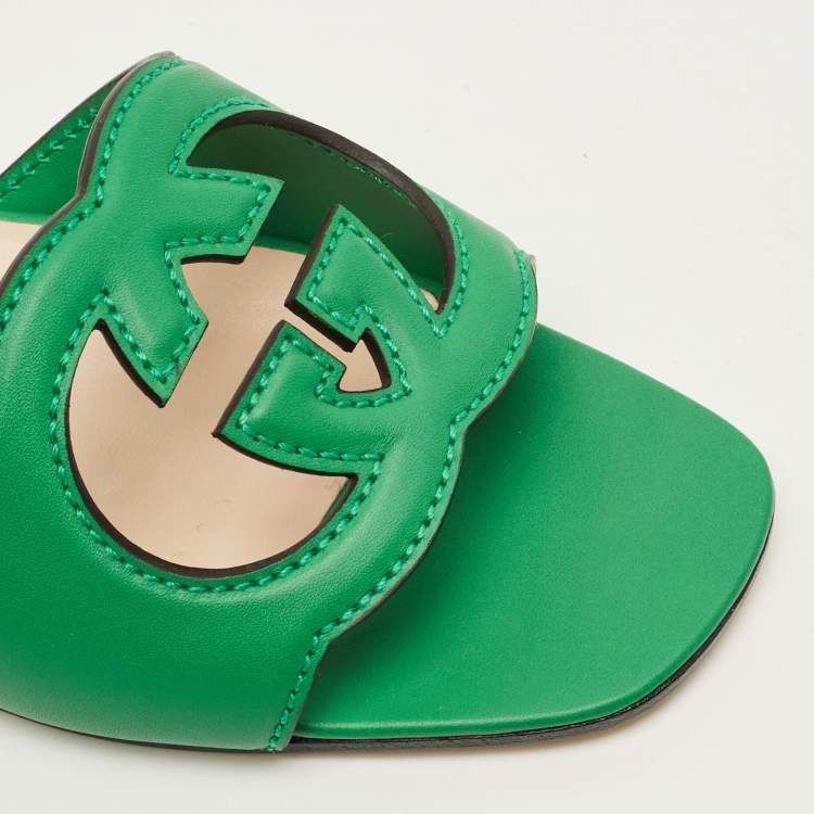 Pre Owned Gucci Interlocking G Size 41.5 Green Leather Flat Slides