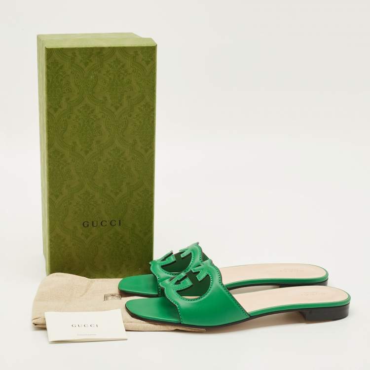 Pre Owned Gucci Interlocking G Size 41.5 Green Leather Flat Slides