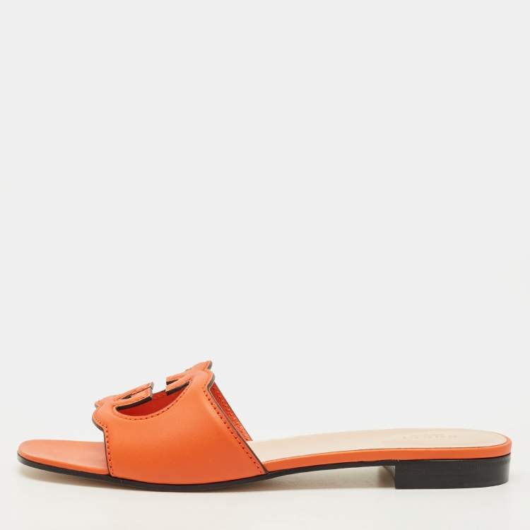 Pre Owned Gucci Interlocking G Size 42 Orange Leather Flat Slides