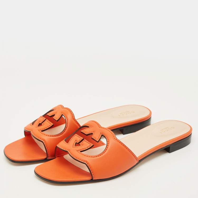 Pre Owned Gucci Interlocking G Size 42 Orange Leather Flat Slides