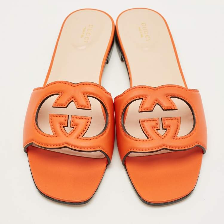 Pre Owned Gucci Interlocking G Size 42 Orange Leather Flat Slides
