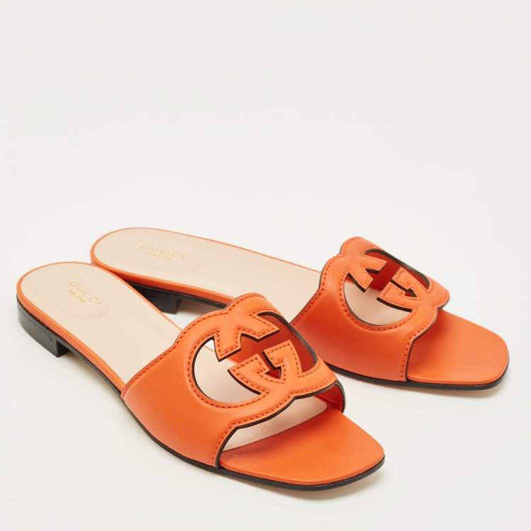 Pre Owned Gucci Interlocking G Size 42 Orange Leather Flat Slides