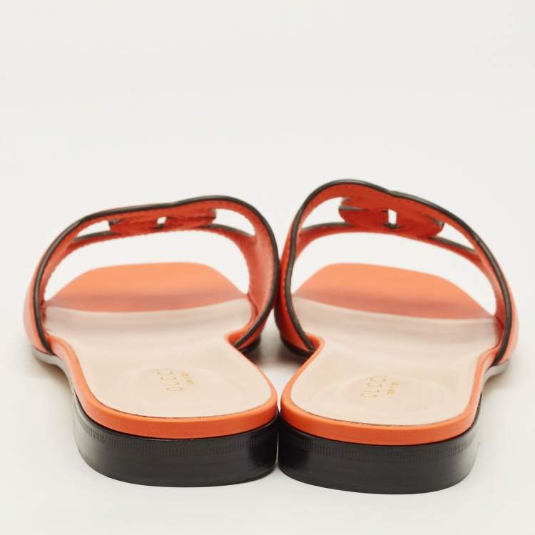 Pre Owned Gucci Interlocking G Size 42 Orange Leather Flat Slides