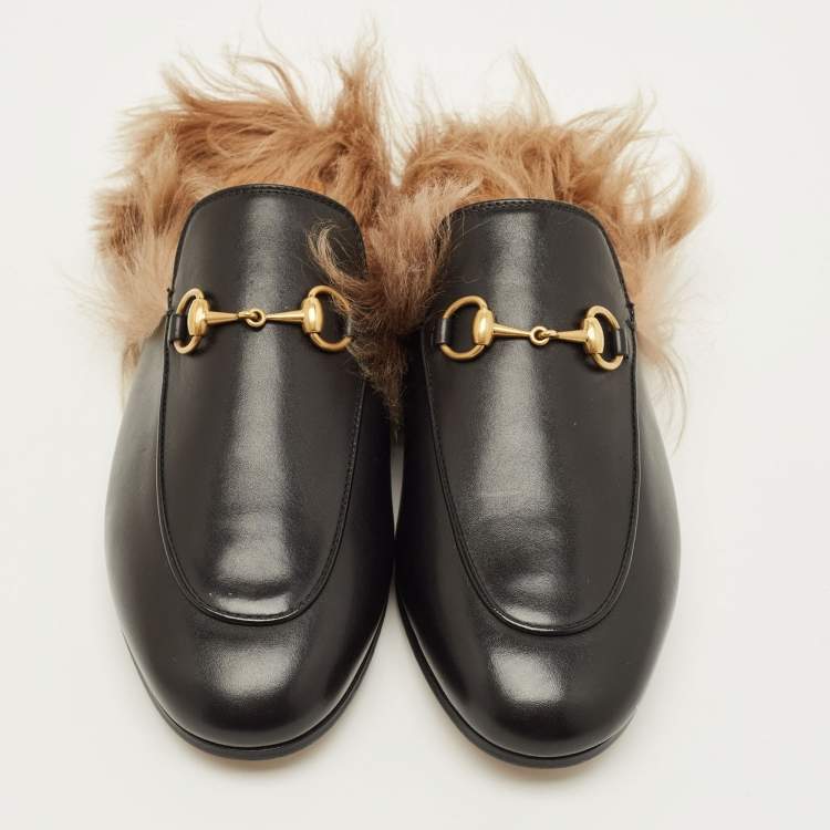 Pre Owned Gucci Princetown Size 36.5 Black Leather and Fur Mules