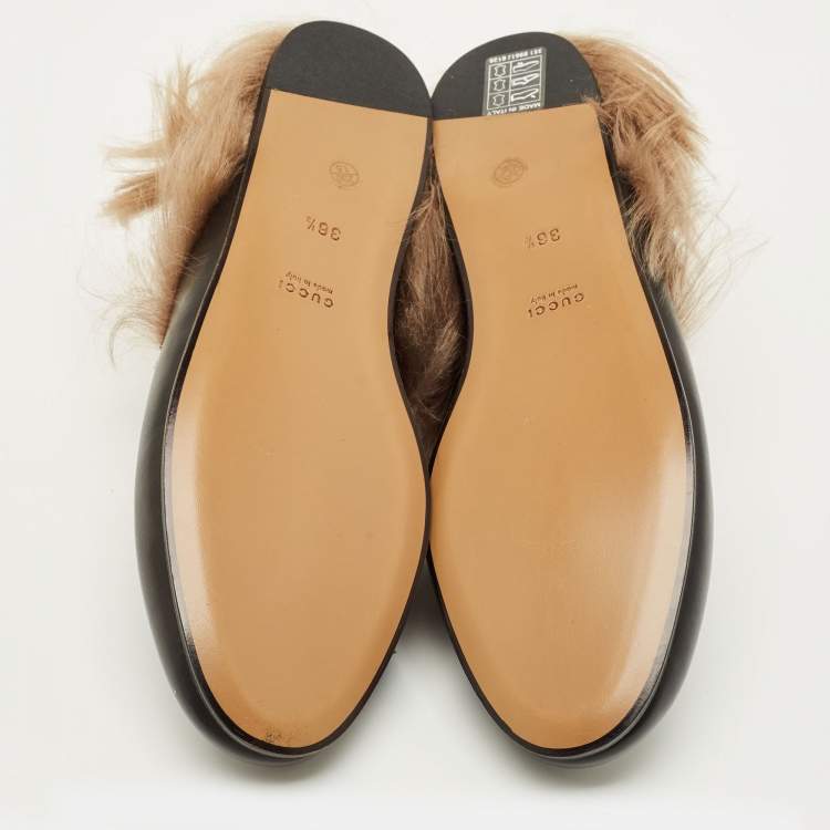 Pre Owned Gucci Princetown Size 36.5 Black Leather and Fur Mules