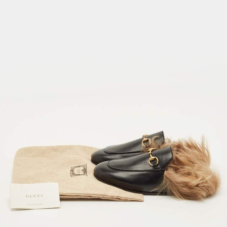 Pre Owned Gucci Princetown Size 36.5 Black Leather and Fur Mules