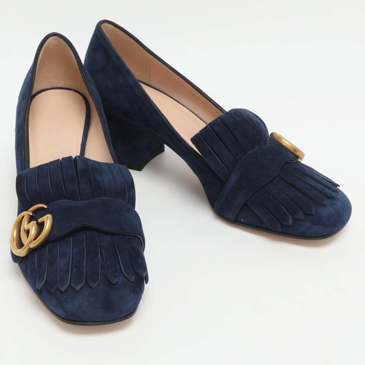 Pre Owned Gucci GG Marmont Size 36.5 Blue Suede Block Heel Pumps