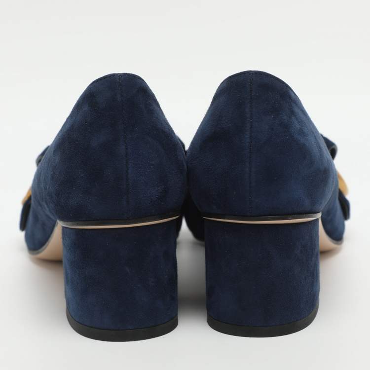 Pre Owned Gucci GG Marmont Size 36.5 Blue Suede Block Heel Pumps