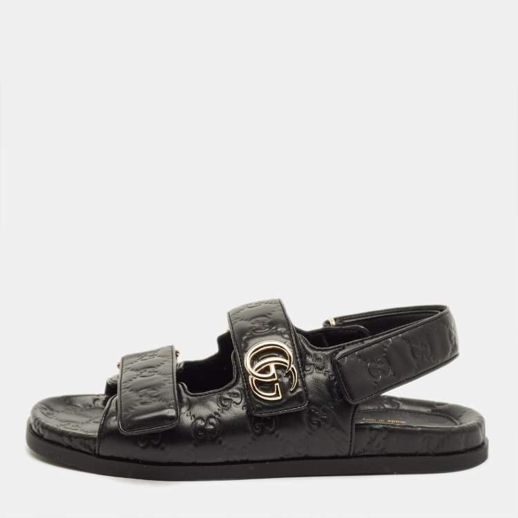 Pre Owned Gucci Double G Size 40.5 Black Guccissima Leather Flat Sandals