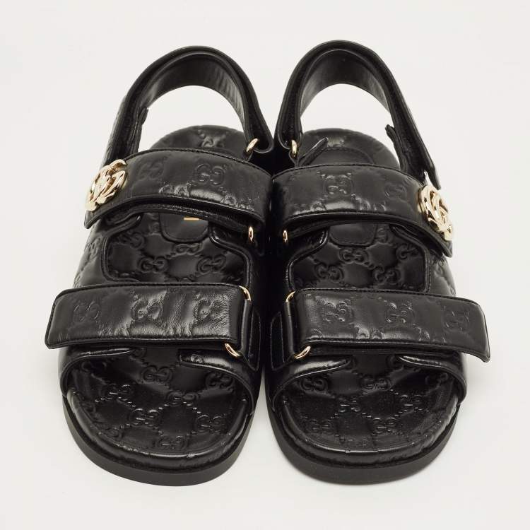 Pre Owned Gucci Double G Size 40.5 Black Guccissima Leather Flat Sandals
