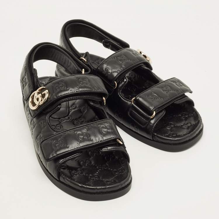 Pre Owned Gucci Double G Size 40.5 Black Guccissima Leather Flat Sandals