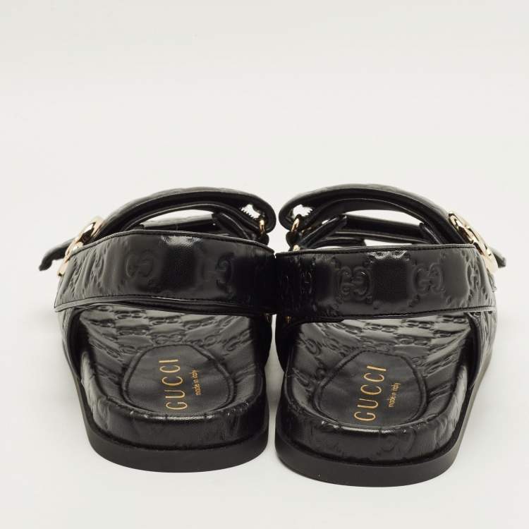 Pre Owned Gucci Double G Size 40.5 Black Guccissima Leather Flat Sandals
