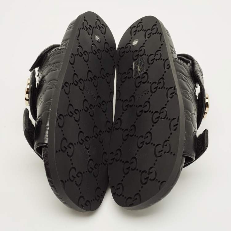 Pre Owned Gucci Double G Size 40.5 Black Guccissima Leather Flat Sandals