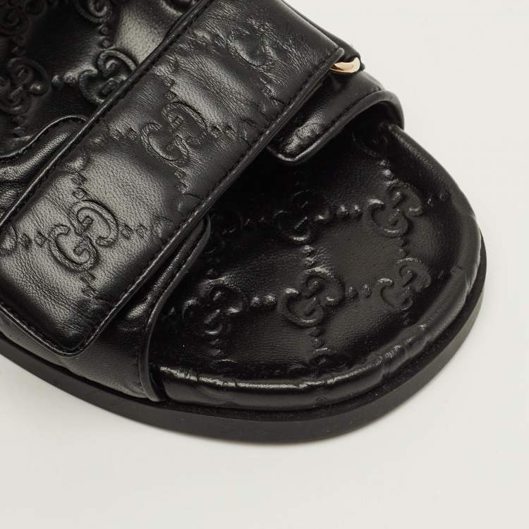 Pre Owned Gucci Double G Size 40.5 Black Guccissima Leather Flat Sandals