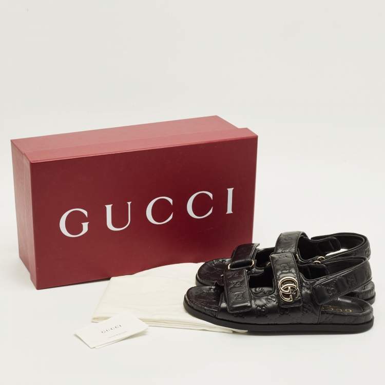 Pre Owned Gucci Double G Size 40.5 Black Guccissima Leather Flat Sandals