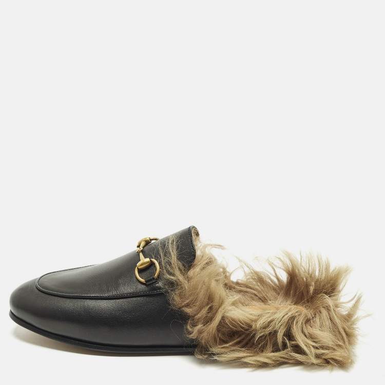 Pre Owned Gucci Princetown Size 36 Black Leather and Fur Flat Mules