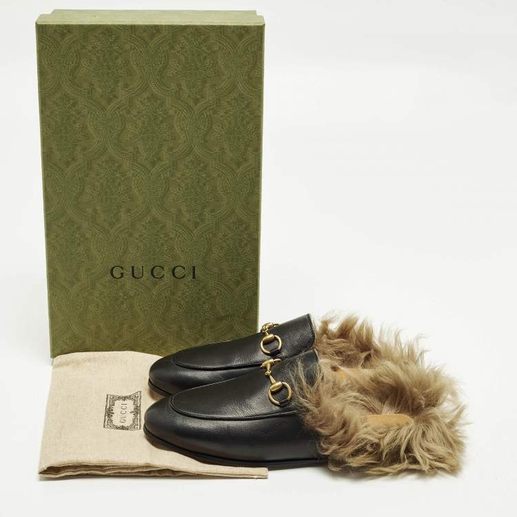 Pre Owned Gucci Princetown Size 36 Black Leather and Fur Flat Mules