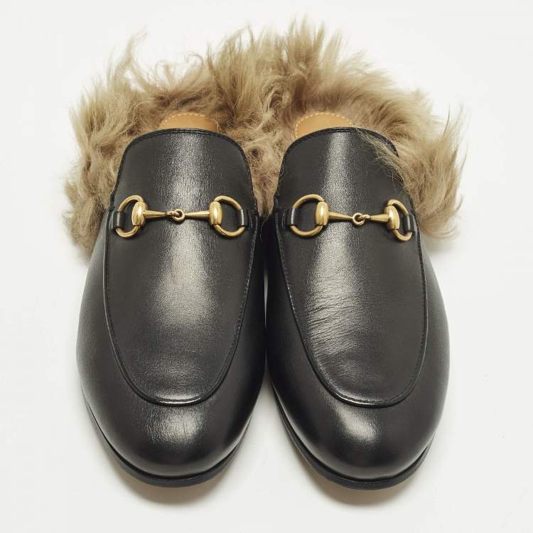 Pre Owned Gucci Princetown Size 36 Black Leather and Fur Flat Mules