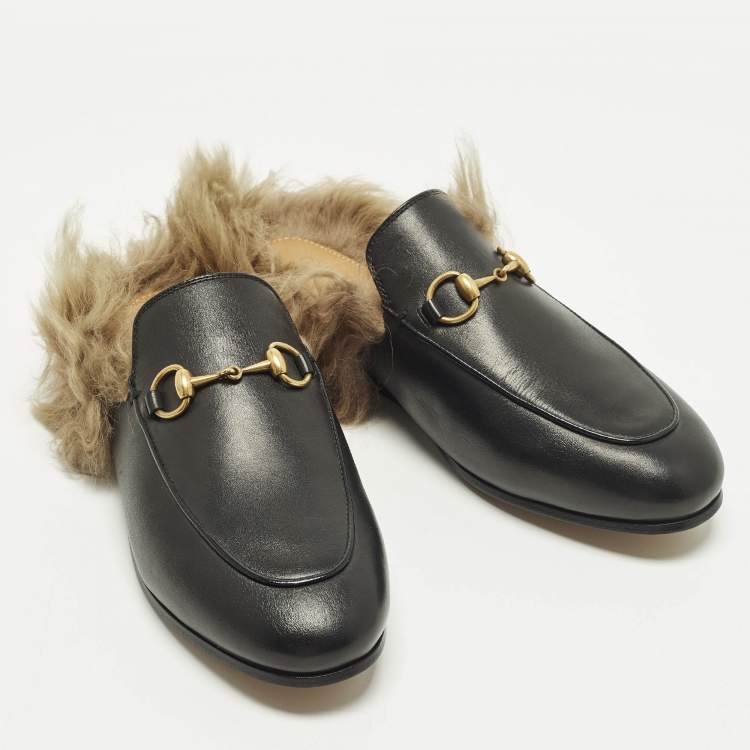 Pre Owned Gucci Princetown Size 36 Black Leather and Fur Flat Mules
