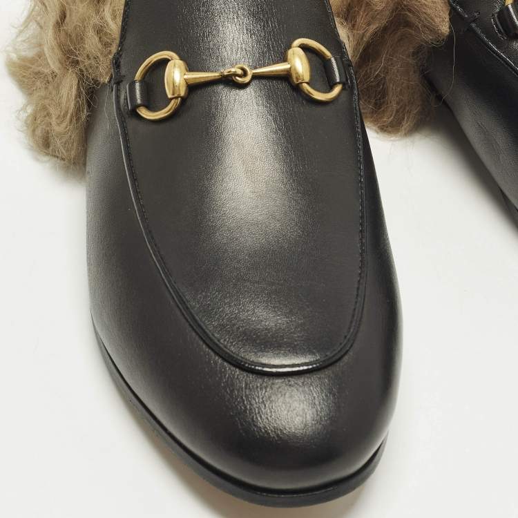 Pre Owned Gucci Princetown Size 36 Black Leather and Fur Flat Mules