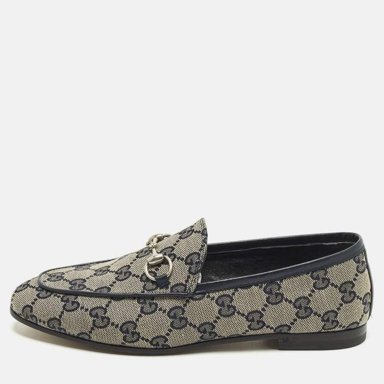 Pre Owned Gucci Jordaan Size 36 Beige/Navy Blue GG Canvas and Leather Loafers