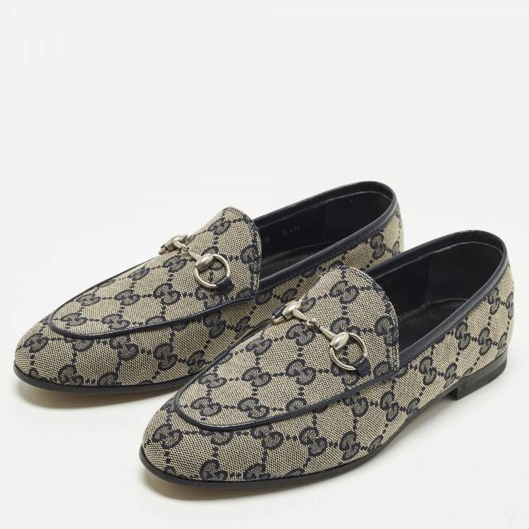 Pre Owned Gucci Jordaan Size 36 Beige/Navy Blue GG Canvas and Leather Loafers