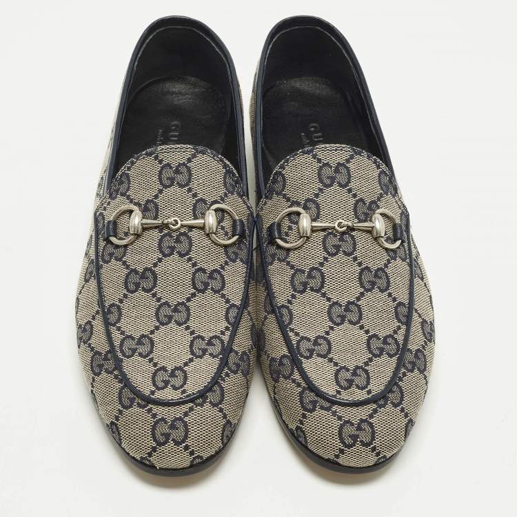 Pre Owned Gucci Jordaan Size 36 Beige/Navy Blue GG Canvas and Leather Loafers