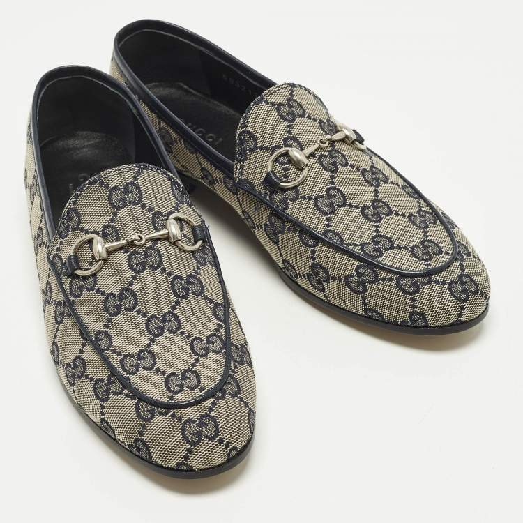Pre Owned Gucci Jordaan Size 36 Beige/Navy Blue GG Canvas and Leather Loafers