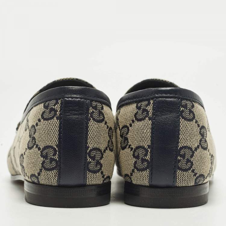 Pre Owned Gucci Jordaan Size 36 Beige/Navy Blue GG Canvas and Leather Loafers