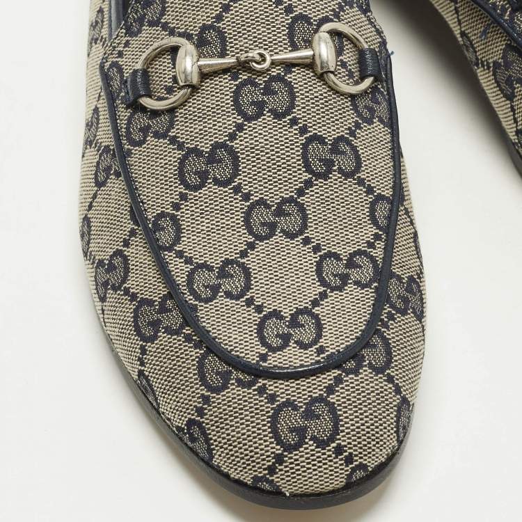 Pre Owned Gucci Jordaan Size 36 Beige/Navy Blue GG Canvas and Leather Loafers