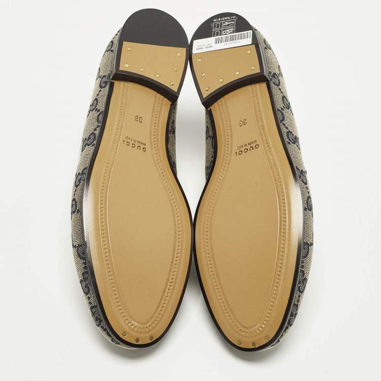 Pre Owned Gucci Jordaan Size 36 Beige/Navy Blue GG Canvas and Leather Loafers