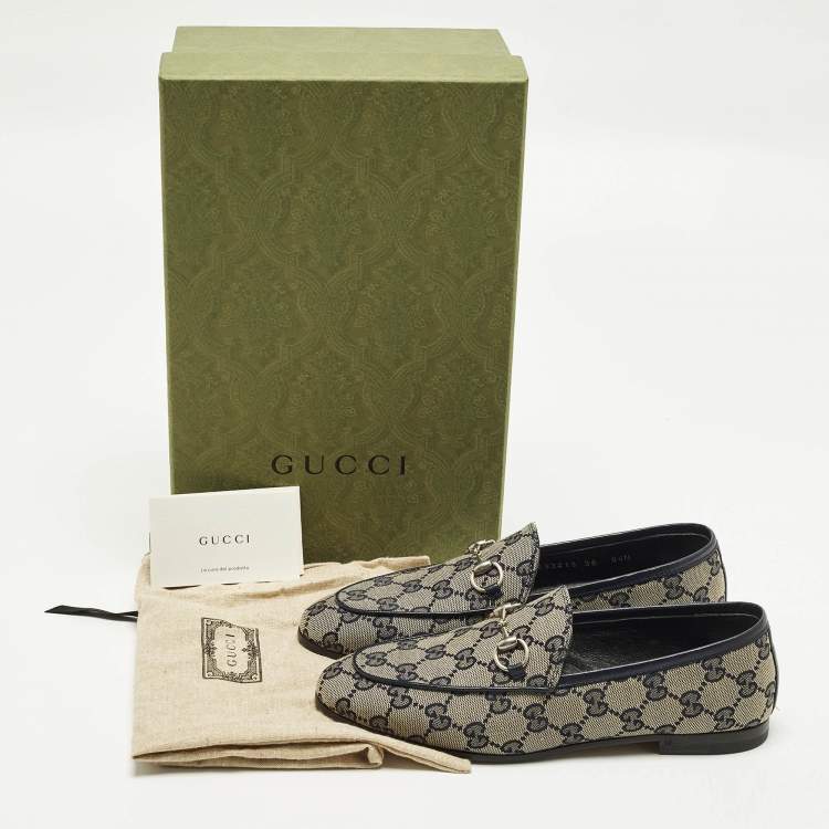 Pre Owned Gucci Jordaan Size 36 Beige/Navy Blue GG Canvas and Leather Loafers