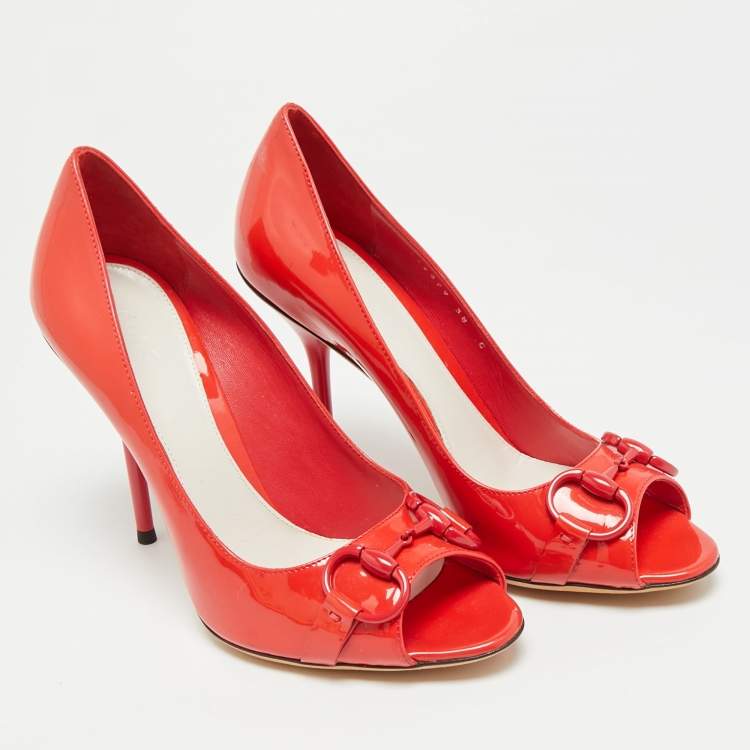 Pre Owned Gucci Horsebit Size 38 Red Patent Leather Peep Toe Pumps