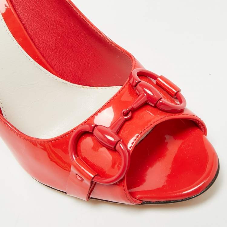 Pre Owned Gucci Horsebit Size 38 Red Patent Leather Peep Toe Pumps