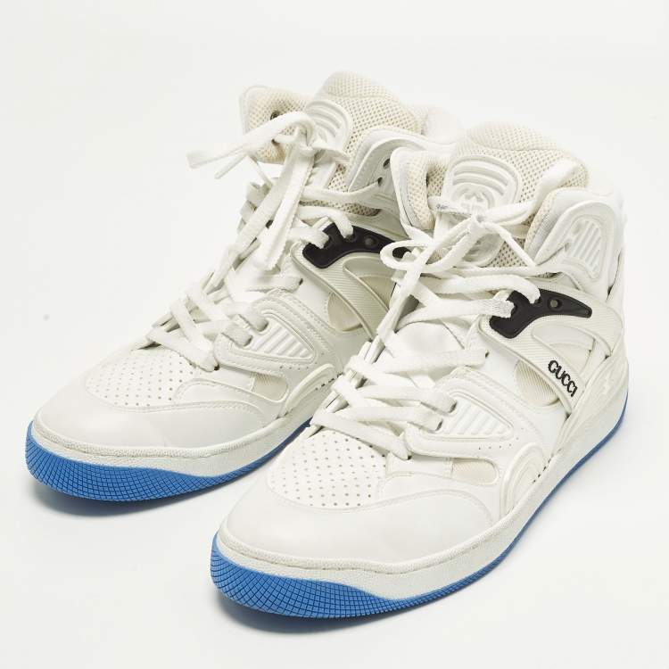 Pre Owned Gucci Basket Size 39 White Fabric and Leather High Top Sneakers