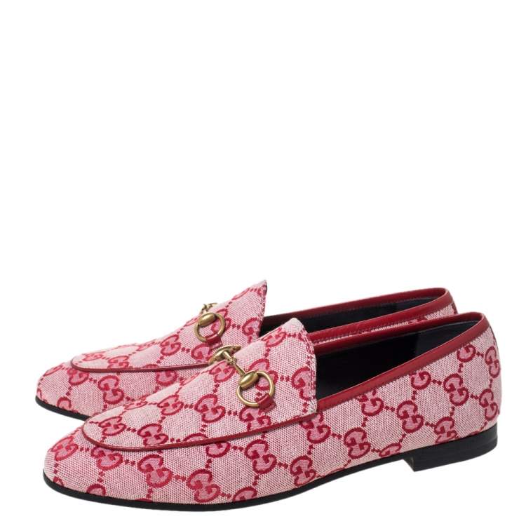Pre Owned Gucci Red/Pink GG Canvas Horsebit Slip On Loafers Size 37.5