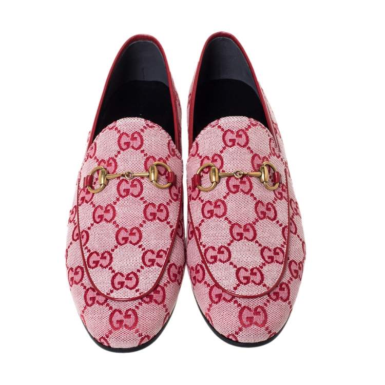 Pre Owned Gucci Red/Pink GG Canvas Horsebit Slip On Loafers Size 37.5