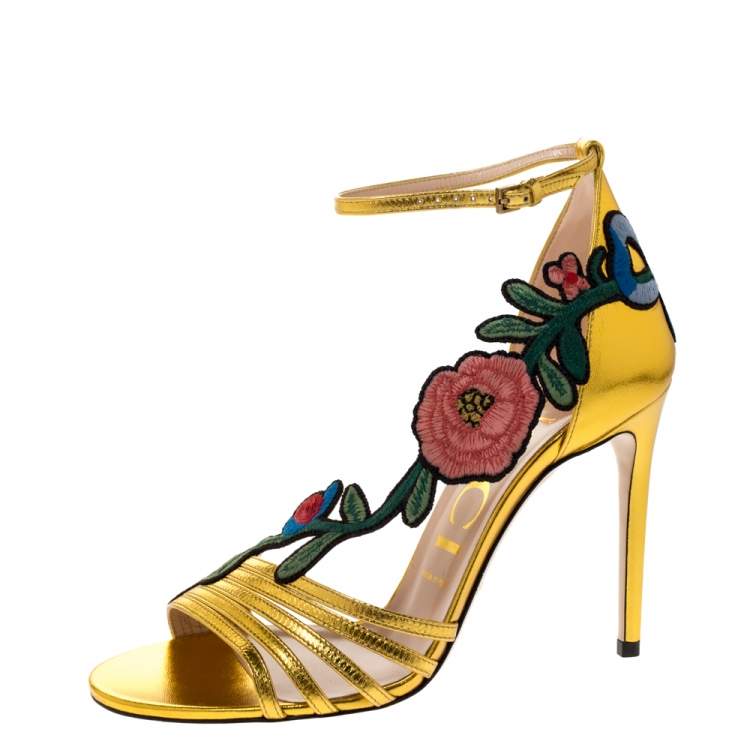 Gucci Gold Leather Ophelia Flower Embroidered Strappy Sandals Size 38.5 ...