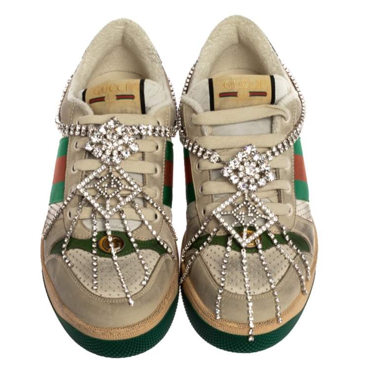 Pre Owned Gucci Off White Leather Screener Sneakers with Crystals Size 40