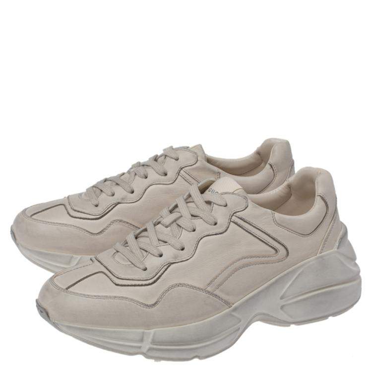 Pre Owned Gucci Beige Distressed Effect Leather Rhyton Sneakers Size 35.5