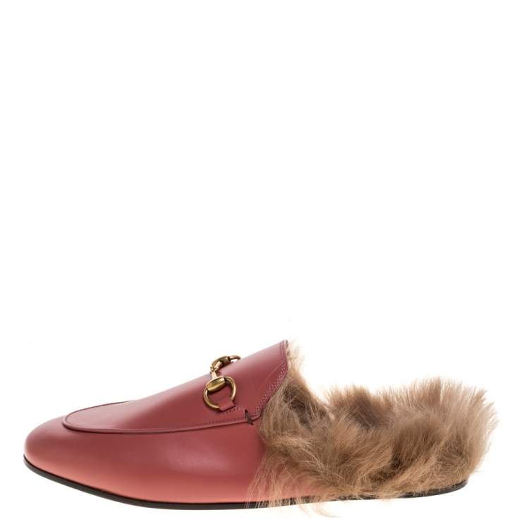 Gucci Rose Pink Leather Fur Lined Princetown Flat Mule Loafers Size Gucci | TLC